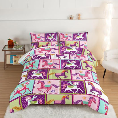 HOSIMA 3Pcs Kawaii Kids Horse Queen Comforter Set with 2 Pillowcases,Colorful Dots Style Comforter for Adults Teens Princess Toddler Bedding Sets Queen,Horse Pony Comforter Set.