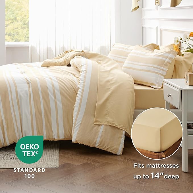 Bedsure Bed in a Bag Twin Size 5-Piece Yellow White Striped Bedding Comforter Sets All Season Bed Set with 1 Pillow Sham, Flat Sheet, Fitted Sheet and 1 Pillowcase