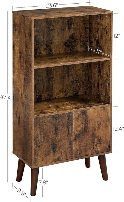 VASAGLE Bookcase, 2-Tier Retro Bookshelf with Doors, Storage Cabinet for Books, Photos, Decorations in Living Room, Office, Study, Mid-Century Style, Rustic Brown ULBC09BX
