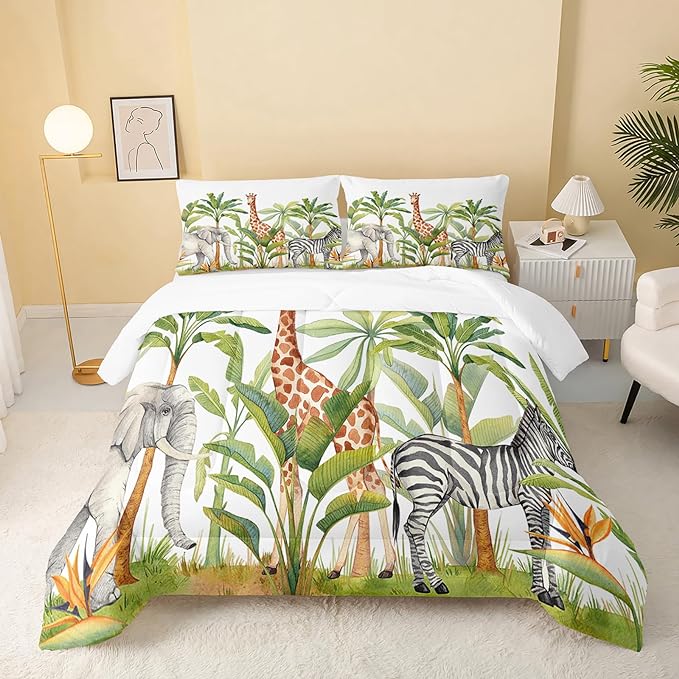 Wild Animal Comforter Full Size,Elephant Giraffe Zebra Kids Comforter Set,Jungle Comforter,3Pcs Bedding Set Printed Comforter with 2 Pillowcases,Down Alternative,Soft and Lightweight