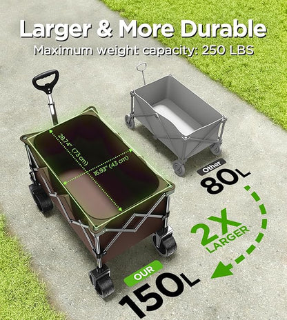 Beach Wagon,CollapsibleWagon 220lbs with Big Wheels Foldable Wagon Carts,Portable Utility for Garden Grocery Sports Camping All Terrain-Khaki