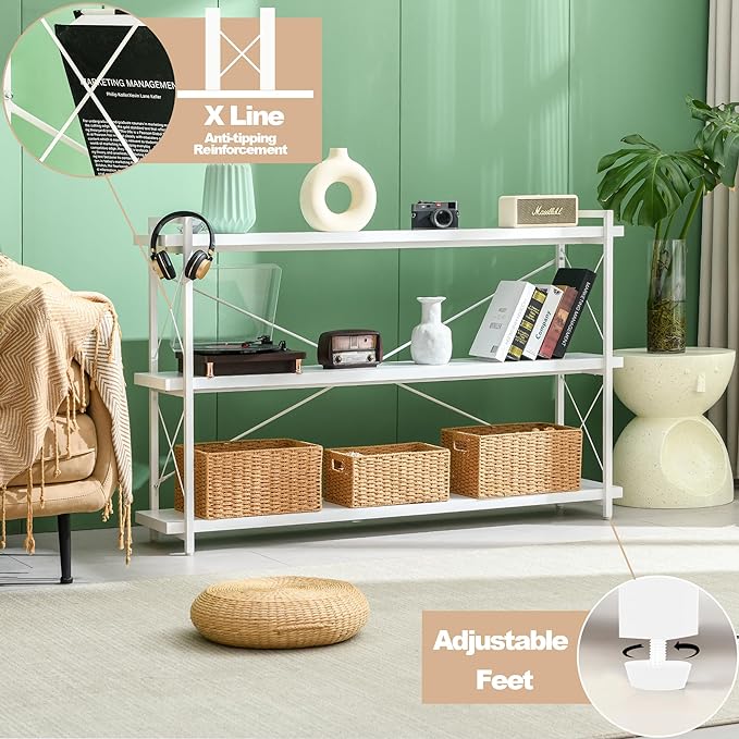 HCHQHS Bookshelf, 3-Tier Long Industrial Bookcase, White Open Book Shelf, Freestanding Horizontal Bookshelves with Metal Frame