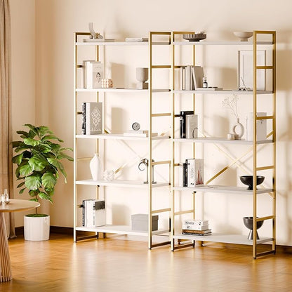 Shintenchi 2 Pieces 5 Tiers Bookshelf, Classically Tall Bookcase Shelf, Industrial Book Rack, Modern Book Holder in Bedroom/Living Room/Home/Office, Storage Rack Shelves for Books/Movies-Gold