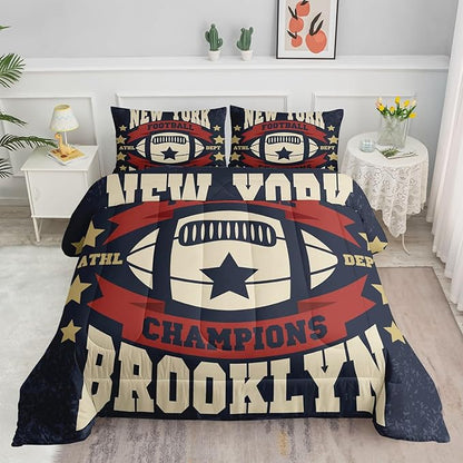 Datura home Football Comforter Sets for Boys Kids,Red Blue Theme Beige Football Championship,Duvet 3Pcs in Quilt Sets with 1 Comforter and 2 Pillowcases All Season(Red Full)