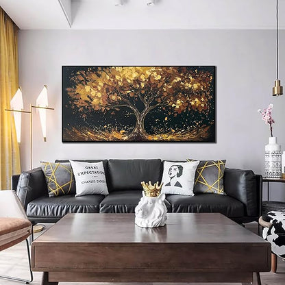 Tree Painting Wall Art for Office - Hand Painted Gold and Black Canvas Wall Art for Living Room - Black Framed Wall Art for Bedroom Size 29" x 59"