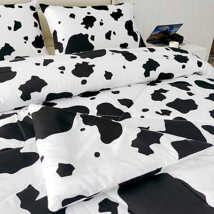 SDY 3 Pieces Milk Cow Print Stuff Bedding Comforter Set with 2 Pillowcases for Kids Teens Girls Women, Microfiber, Easy Wash, Light Breathable Cozy White Base Cute Milk Cow Pattern, Twin Size