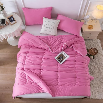 COTTEBED Rose Pink Comforter Queen Size, Jersey Knit T-Shirt Feel Ultra-Soft Cute Cozy Durable Lightweight Bedding Blanket Down Conforter Set and Pillowcase for Women Girl All Season Use Full/Queen