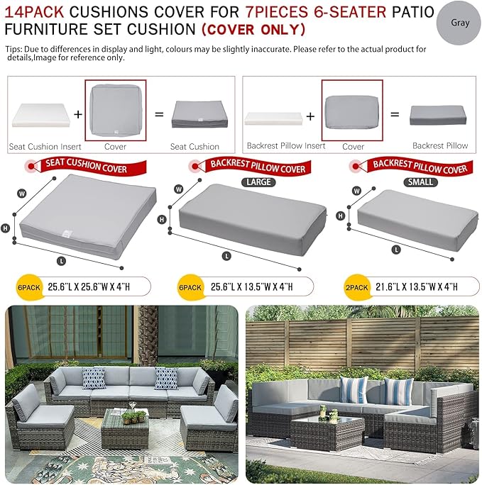 ClawsCover 14Pack Outdoor Patio Seat and Back Cushions Replacement Covers Fit for 7Pieces 6-Seater Wicker Rattan Sectional Couch Chair Furniture Set,Gray-Include Cover Only (Large)