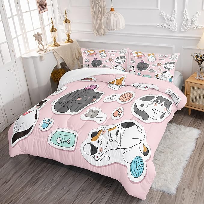 CVHOUSE Cat Bedding,Cartoon Cat Comforter Full,Animals Print Comforter Set for Kids,Kawaii Quilt Set with 1 Comforter and 2 Pillow Cases