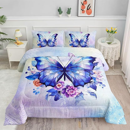 Datura home Kids Comforter Set Butterfly Printed Pattern Bedding Set with 1 Comforter and 2 Pillowcases for Girls Boys Bedroom All Season(Butterfly3 Twin)