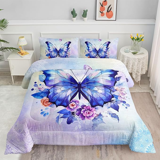 Datura home Kids Comforter Set Butterfly Printed Pattern Bedding Set with 1 Comforter and 2 Pillowcases for Girls Boys Bedroom All Season(Butterfly3 Full)