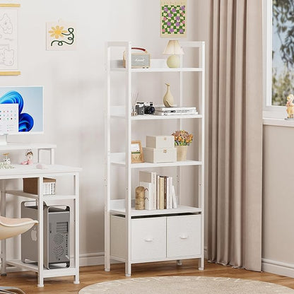 Furologee 5 Tier Bookshelf with Drawers, White Tall Bookcase with Shelves, Wood and Metal Book Shelf Storage Organizer, Modern Display Free Standing Shelf Unit for Bedroom, Living Room, Office