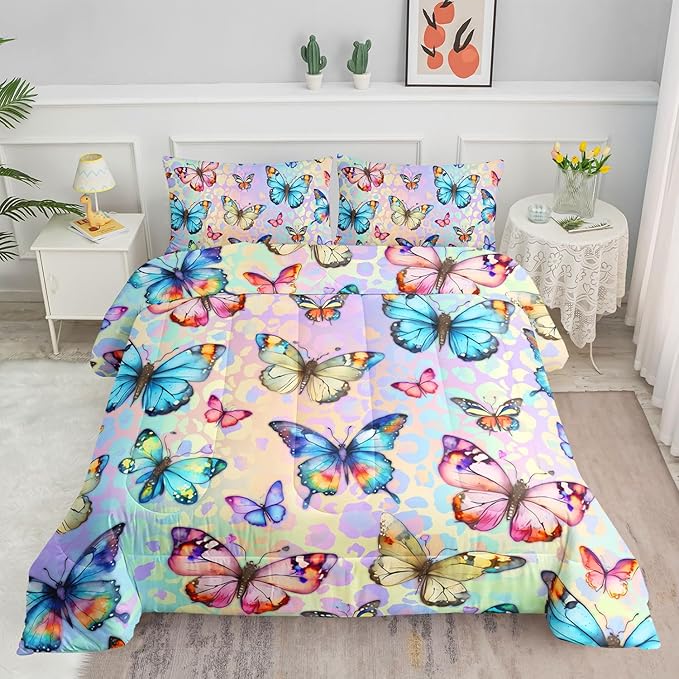 Datura home Kids Comforter Set Butterfly Printed Pattern Bedding Set with 1 Comforter and 2 Pillowcases for Girls Boys Bedroom All Season(Butterfly0 Full)