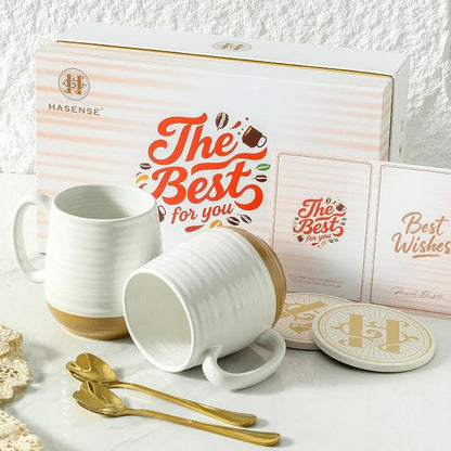 HASENSE Ceramic Couple Coffee Mug Gift Set, 20oz Mugs Set of 2 with Glaze Coasters & Gold Spoons |Unique Engagement, Bridal Shower, Wedding & Housewarming Gift for Newly Engaged, Bride and Groom White