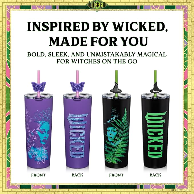 Dragon Glassware x Wicked: For Good Stainless Steel Tumbler, 24 oz 2-Pack | Set of 2 Vacuum Insulated Stainless Steel Wicked Cups with Lids & Straws; With Straw Charm; Official Wicked Merch