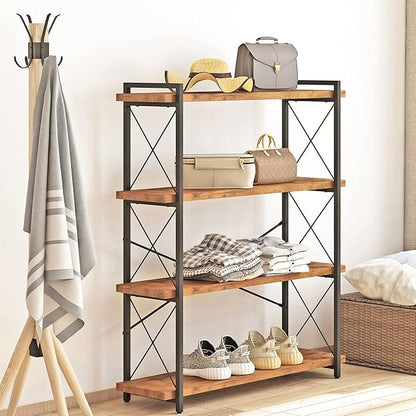 HCHQHS Bookshelf, 4-Tier Industrial Bookcase, Rustic Open Book Shelf, Freestanding Tall Bookshelves with Metal Frame