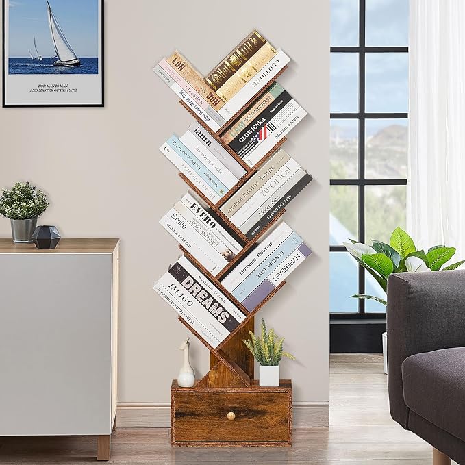 8 Tier Tree Bookshelf with Drawer, Free Standing Wood Bookcase for Narrow Space, Storage Organizer Bookshelves for Books, Book Case for Home Office, Living Room, Bedroom, Rustic Brown