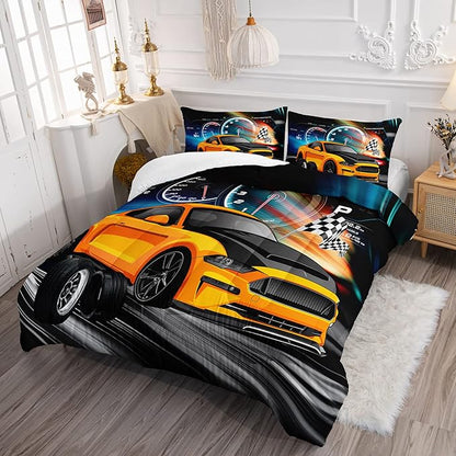 Axolotl Race Car Bedding Set Full Size,Boys Extreme Sports Comforter Set for Kids Boys Car Racing Gifts,Yellow Cool Car Comforter Car Sports Quilt Set 1 Comforter with 2 Pillowcase Car Racing Gifts