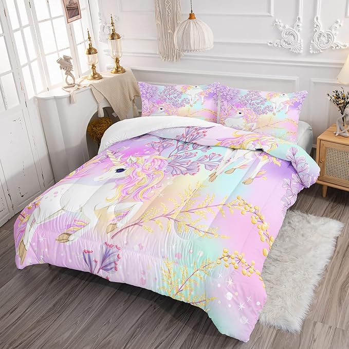 CVHOUSE Rainbow Unicorn Bedding Queen Size,Rainbow Unicorn Bedding Set for Girls Kids Teens,Rainbow Unicorn Comforter Set Unicorn Duvet Set Unicorn Quilt Set Girls Room Decor 3 Pieces