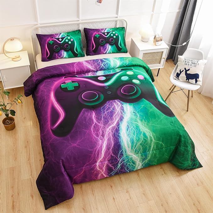 Meeting Story Gamer Comforter Sets for Boys Queen Size Tie Dye Lightnings Gamepad Bedding Set Games Console Action Buttons Novelty Colorful Modern Room Decor Home Quilt Set (Queen, Green-Purple)