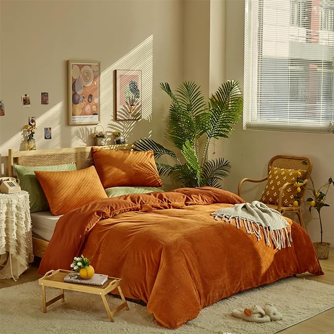 Burnt Orange Color Velvet Comforter Set Twin Solid Rust Color Flannel Velvet Bedding Comforter Set All Caramel Colour 3 PCs Shaggy Soft Warm and Durable Flannel Blanket Twin