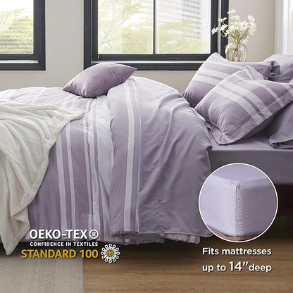 Bedsure Bed in a Bag California King Size 7 Pieces, Purple White Striped Bedding Comforter Sets All Season Bed Set, 2 Pillow Shams, Flat Sheet, Fitted Sheet and 2 Pillowcases