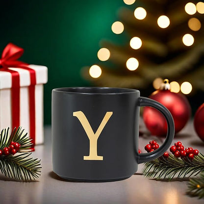 COLLECTIVE HOME - Monogram Ceramic Mugs, 15 oz Golden Initial Black Coffee Cups, Elegant Alphabet Tea Mugs, Elegant Personalized Mug with Gift Box, Unique Mug with Double Side Capital Lette (Y)