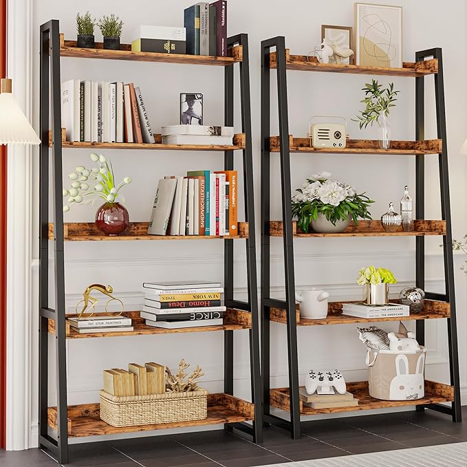IRONCK Industrial Bookshelf 5-Tier 31.5in Wide, Bookcase Ladder Shelf, Storage Shelves Rack Shelf Unit, Accent Furniture Metal Frame, Home Office Furniture for Bathroom, Living Room