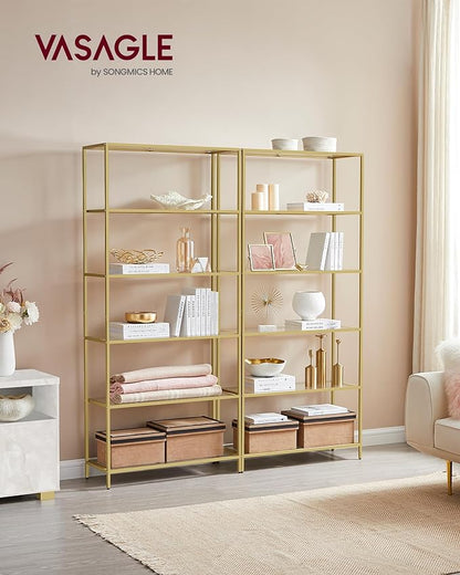 VASAGLE Bookcase, 6-Tier Bookshelf, Slim Shelving Unit for Bedroom, Bathroom, Home Office, Tempered Glass, Steel Frame, Metallic Gold ULGT503A01