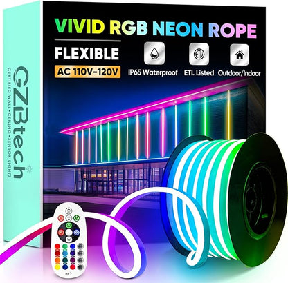 GZBtech RGB LED Neon Rope Lights 33FT/10M, AC 110-120V Waterproof Color Changing LED Rope with Remote Controller, Dimmable Multi Color Neon Rope Lighting for Indoor Outdoor Commercial Use