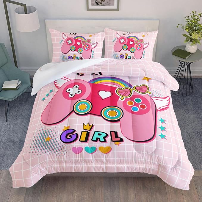 Datura home Bedding Comforter Set Pink Gamepad Printed Pattern Quilt with 1 and 2 Pillowcases for Girls Bedroom All Season(Pink Full) Full 80x90inches