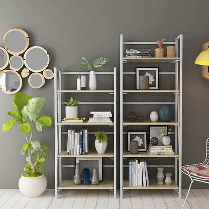 No-Assembly Folding Bookshelf Storage Shelves 5 Tiers Vintage Multifunctional Plant Flower Stand Storage Rack Shelves Bookcase for Home Office(White)