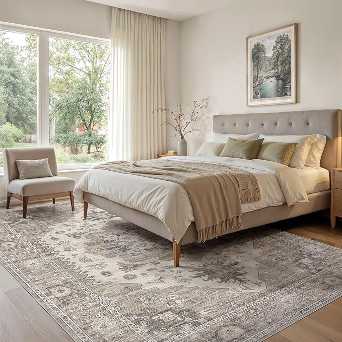 Washable Area Rugs for Living Room - 5x7 Neutral Vintage Distressed Floral Farmhouse Boho Large Soft Floor Rug Indoor Non Slip Carpet for Living Room Bedroom Dining Room Office -Brown/Beige