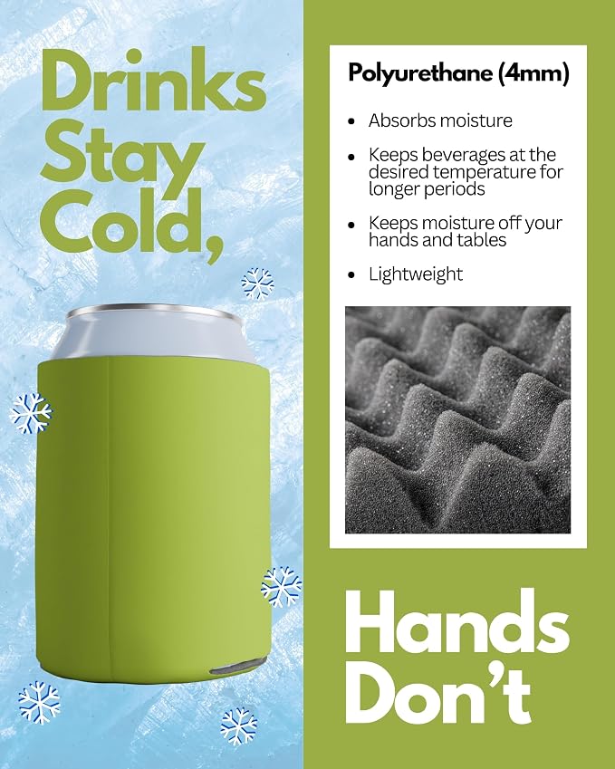 PartyPrints 200 Pack Olive Blank Can Cooler Sleeves, Customizable Bulk Insulated Foam for Beer, Collapsible Plain Drink Holder, Cold Soda Insulator, 12oz Regular, 16oz Tall Cans