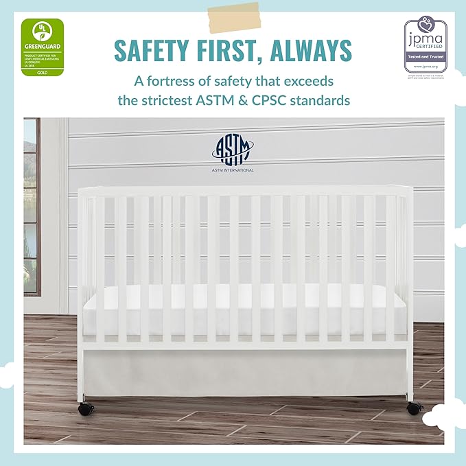Quinn Full-Size Folding Crib In White, Removeable Wheels, Modern Nursey, Adjustable Mattress Support, Portable Crib, Patented Folding System