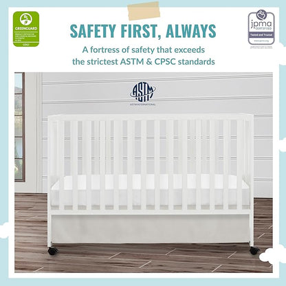 Quinn Full-Size Folding Crib In White, Removeable Wheels, Modern Nursey, Adjustable Mattress Support, Portable Crib, Patented Folding System