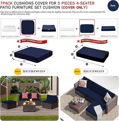 ClawsCover 7Pack Outdoor Patio Seat and Back Cushions Replacement Covers Fit for 3/5 Pieces 4-Seater Wicker Rattan Furniture Conversation Set Sectional Couch,Navy-Large (Include Cover Only)