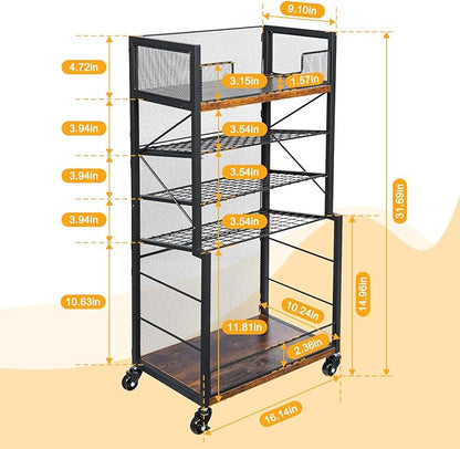 Heyexiha 5 Tier Book Shelf with Sliding Trays, Metal & Wooden Bookcase, Durable Rolling Book Cart, Book Shelf with Wheels, Small Book Shelf Storage Bookcase for Living Room, Bedroom, and Home Office