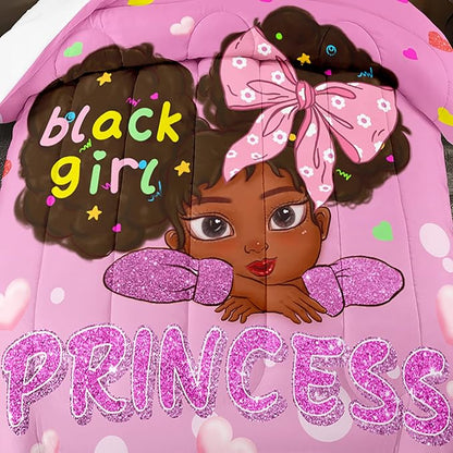 Black Girl Comforter Set Queen, Black African American Girls Queen Comforter Sets, Pretty Pink Princess Queen Comforter Set for Girls Bedroom Decor, Queen (1 Comforter 2 Pillowcases)