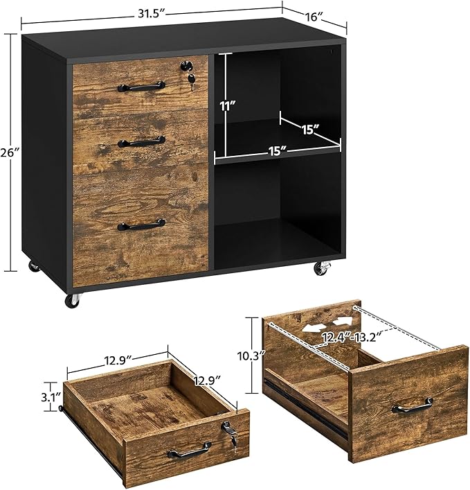 Yaheetech Lateral File Cabinet with Lock for Letter, A4 Size, 3 Drawer Printer Stand with Open Storage Compartments, Mobile Filing Cabinet for Home Office, Black/Rustic Brown