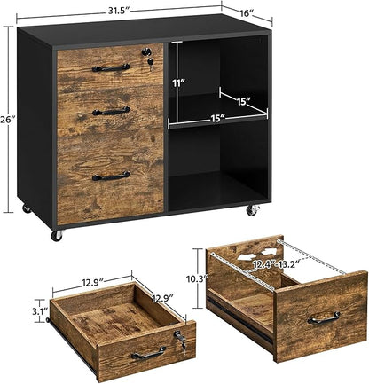 Yaheetech Lateral File Cabinet with Lock for Letter, A4 Size, 3 Drawer Printer Stand with Open Storage Compartments, Mobile Filing Cabinet for Home Office, Black/Rustic Brown