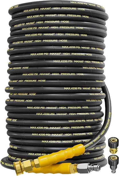 4200PSI Pressure Washer Hose 200FT with 3/8" Swivel Quick Connect for Cold/Hot Water, Kink Resistant Steel Wire Braided, Wear Resistant Power Washer Hose with 2 M22 14mm Adapter Set