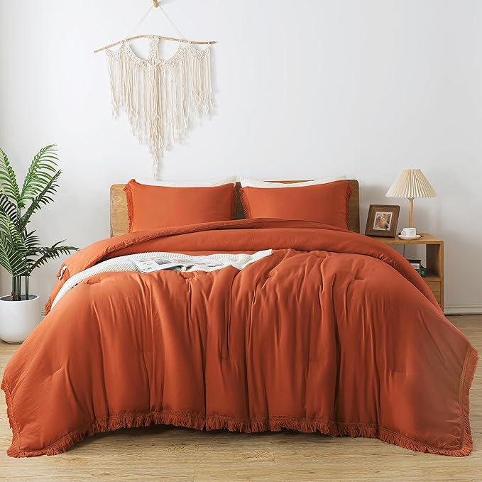 Andency Queen Comforter Set Burnt Orange, 3 Pieces Boho Terracotta Fall Tassel Lightweight Bedding Comforter Sets, All Season Rust Soft Bed Set (90x90In Comforter & 2 Pillowcases)