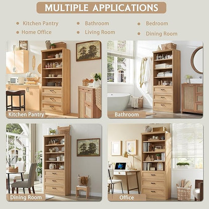 72" Tall Bookshlef with 3 Drawers, Farmhouse 4-Tier Bookcase with Adjustable Shlef, Wooden Storage Cabinet for Living Room, Kitchen, Home Office, Dining Room, Natural