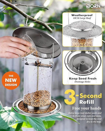 iBorn Metal Bird Feeders for Outdoors,Easy Clean Bird Seed Feeder,Hanging Bird Feeder for Seeds with Gift Box,3-Second Refill Bird Feeder,Nickle 6 Port (Seed is not Included)