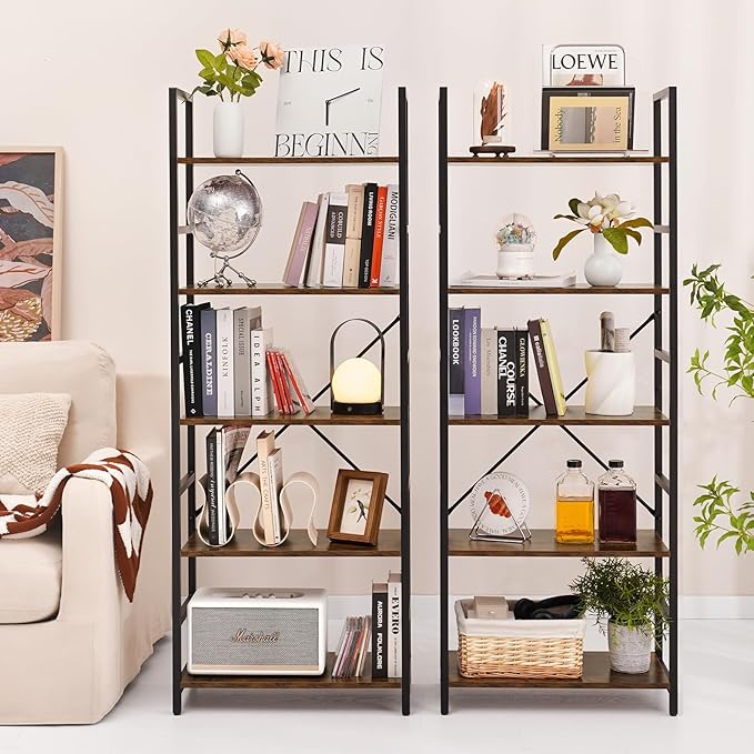 Yoobure 5 Tier Bookshelf - Tall Book Shelf Modern Bookcase for CDs/Movies/Books, Rustic Book Case Industrial Bookshelves Book Storage Organizer for Bedroom Home Office Living Room Rustic Brown