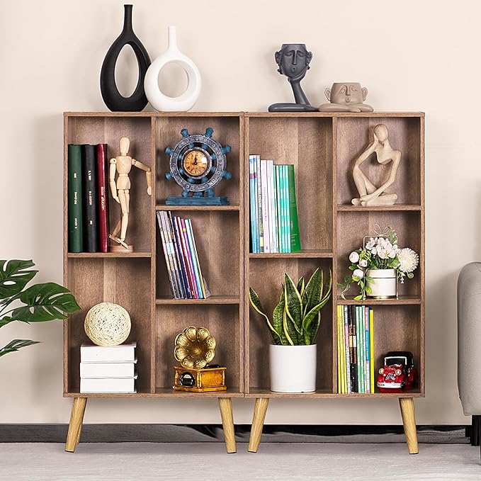 5 Cube Small Bookshelf,3 Tier Mid-Century Modern Bookcase with Legs,Wood Kids Bookshelves Storage Organizer Shelf,Free Standing Narrow Book Shelves,Oak Grey Corner Bookcases for Bedroom,Living Room