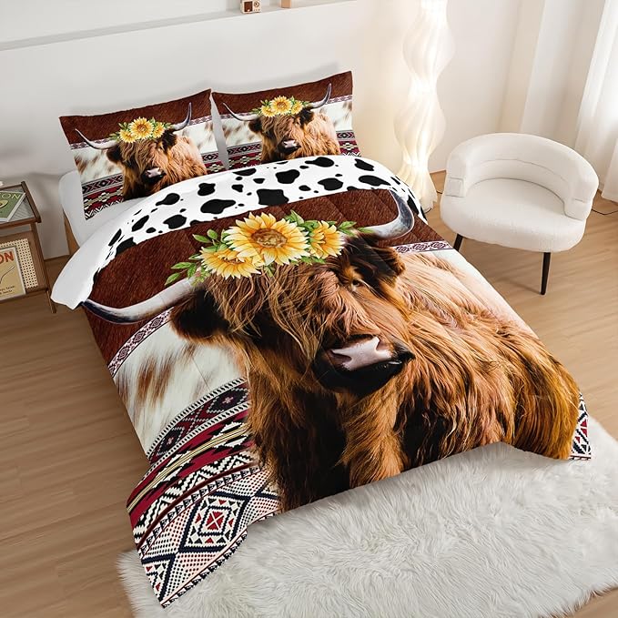 HOSIMA Highland Cow Decor Comforter with 2 Pillowcases,Animal Theme Western Bedding Sets,Brown Cowhide Black White Cow Print Comforter Set for Adults Kids,Sunflower King Size Comforter.
