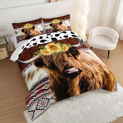 HOSIMA Highland Cow Decor Comforter with 2 Pillowcases,Animal Theme Western Bedding Sets,Brown Cowhide Black White Cow Print Comforter Set for Adults Kids,Sunflower King Size Comforter.