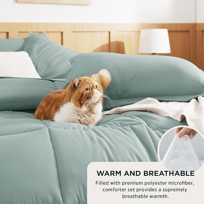 Bedsure Sage Green Queen Comforter Set - 7 Pieces Solid Queen Bed in a Bag, Queen Bed Set Sage Green with Quilted Warm Fluffy Comforters, Sheets, Pillowcases & Shams